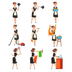 Maid posing in different situations set, housemaid character wearing classic uniform with black dress and white apron, cleaning service vector Illustration