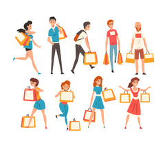 Collection of people with shopping bags, men and women enjoying shopping and purchasing of goods or gifts vector Illustration