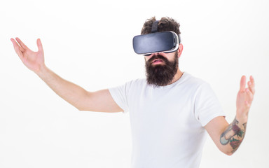 Guy with head mounted display interact virtual reality. Hipster exploring virtual reality. Virtual presentation. Man bearded hipster VR glasses white background. Interactive surface virtual reality