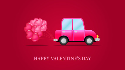 Pink car love ceremony for wedding romance or valentine's day. with hearth balloon on the red background