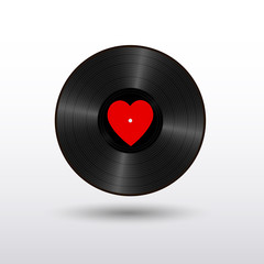 Realistic Black Vinyl Record with red heart label. Retro Sound Carrier isolated on white background