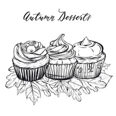 Autumn desserts, cupcakes, leaves,handmade,card for you,retro,Coloring book page design for kids and adults,vector illustration