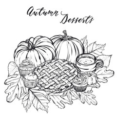 Autumn desserts, cupcakes, pie, pumpkins, coffee, leaves,handmade, vector illustration,Coloring book page design for kids and adults, card for you