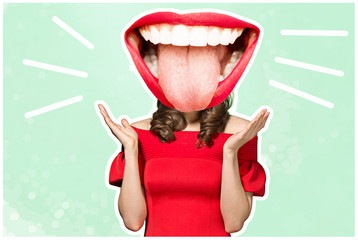 Collage in magazine style with happy emotions and female lips instead of head. emotional concept. Colorful background