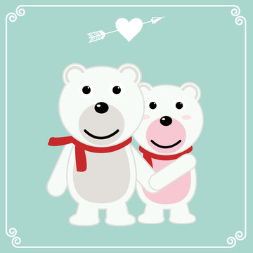 Romantic valentines day card of a pair of loving bears. Bears hold hands