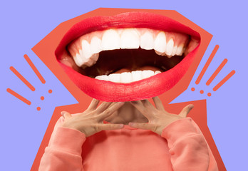 Collage in magazine style with happy emotions and female lips instead of head. emotional concept....