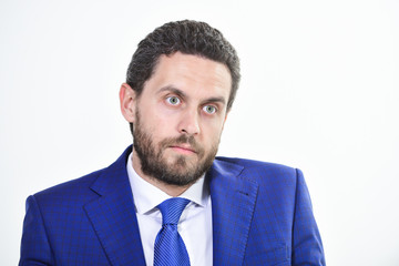 Man well groomed business formal suit white background. Business man serious entrepreneur. Handsome office worker. Make business decision and take responsibilities. Individual entrepreneur business