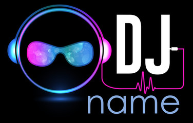 Dj Logo Design. Creative vector logo design with headphones and DJ with glasses. Music logotype template. For accessory, brand, identity, logotype, company, shop, dj party. Black background. Mp3 sign. - obrazy, fototapety, plakaty