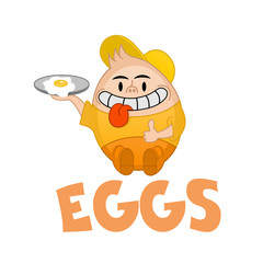 Funny vector Humpty Dumpty offers breakfast. Egg Logo Template. Fresh eggs. Humor Logo for the poultry farm, restaurant, cafe, eatery, dining room. Cute mascot for the farm.