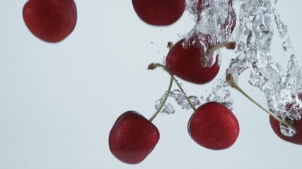 Slow motion shot of cherries splashing into water, shot with Phantom Flex 4K camera.
