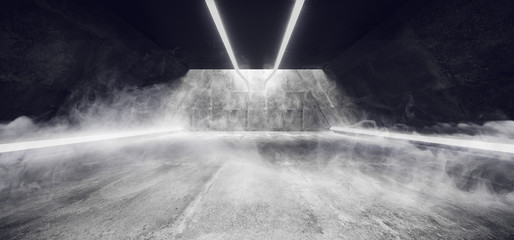 Bright Smoke And Fog Grunge Concrete Udnerground Tunnel Corridor Hall With White led Stripes And Glowing Light Modern 3D Rendering