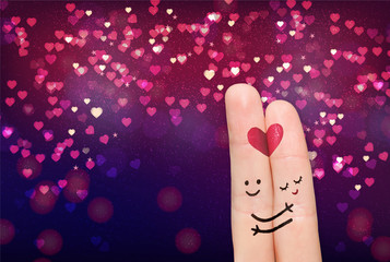 Two fingers while smiling face with nature hearts background. Happy couple in love