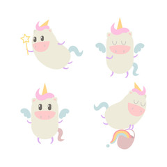 Set of cute unicorns flying with a rainbow. EPS8 vector illustration