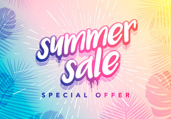 Fototapeta na wymiar Vector Trendy Hot Summer Sale Banner. Season Holiday Time Wallpaper. Happy Modern Fashionable Styling Lettering. 