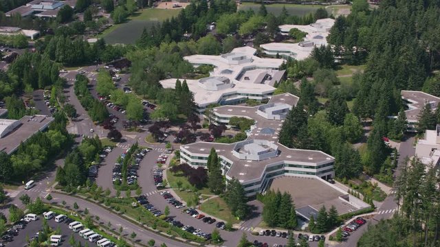 Redmond, Washington circa-2018. Microsoft campus in Redmond, WA.  Shot from helicopter with Cineflex gimbal and RED Epic-W camera.
