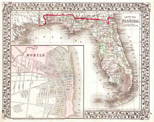 1874, Mitchell Map of Florida w- Mobile, Alabama inset