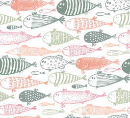 Seamless pattern with hand drawn cute fish in sketch style.