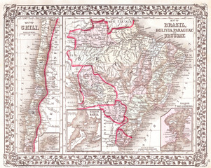 Fototapeta na wymiar Old Map of South America, Brazil, Bolivia, Papaguay, Uruguay and Chili, 1874, Mitchell Map