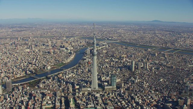 Tokyo, Japan circa-2018.  Aerial view of Tokyo Skytree.  Shot from helicopter with RED camera.