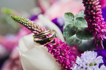 Gold wedding rings. Lavender flower background