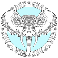 Abstract Indian elephant with mandala. Carved elephant. Stylized fantasy patterned elephant. Hand drawn vector illustration with traditional oriental floral elements.