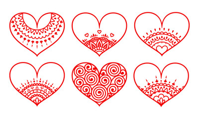 Set of red decorated hearts with ornament on white background. Valentine's day symbol