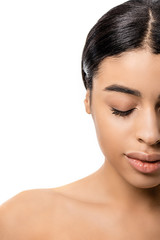 Obraz premium half face of beautiful tender african american woman with closed eye isolated on white