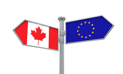 Canada and European Union guidepost. Moving in different directions. 3D Rendering