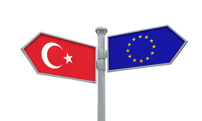 Turkey and European Union guidepost. Moving in different directions. 3D Rendering