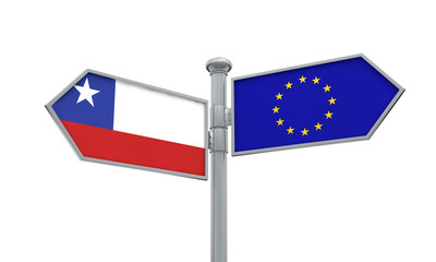 Chile and European Union guidepost. Moving in different directions. 3D Rendering