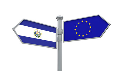 Nicaragua and European Union guidepost. Moving in different directions. 3D Rendering