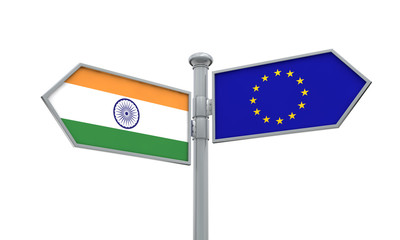 India and European Union guidepost. Moving in different directions. 3D Rendering
