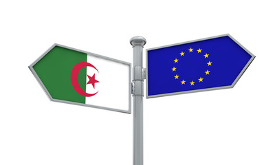 Algeria and European Union guidepost. Moving in different directions. 3D Rendering