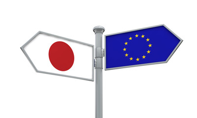 Japan and European Union guidepost. Moving in different directions. 3D Rendering