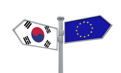 South Korea and European Union guidepost. Moving in different directions. 3D Rendering