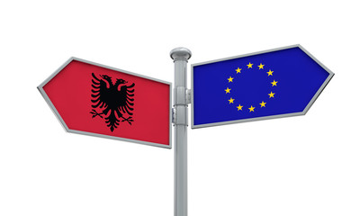 Albania and European Union guidepost. Moving in different directions. 3D Rendering