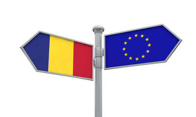 Romania and European Union guidepost. Moving in different directions. 3D Rendering