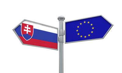 Slovakia and European Union guidepost. Moving in different directions. 3D Rendering