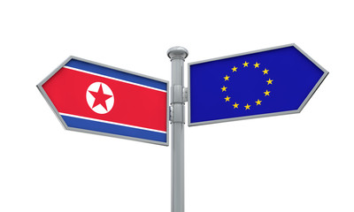 North Korea and European Union guidepost. Moving in different directions. 3D Rendering