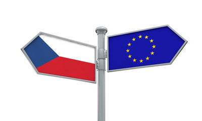 Czech Republic and European Union guidepost. Moving in different directions. 3D Rendering