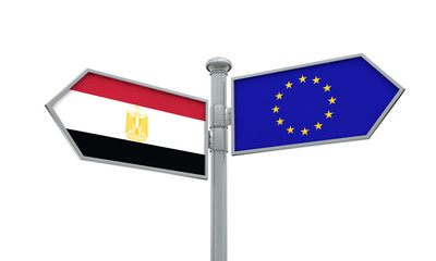 Egypt and European Union guidepost. Moving in different directions. 3D Rendering