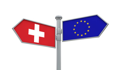 Switzerland and European Union guidepost. Moving in different directions. 3D Rendering