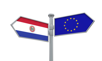Paraguay and European Union guidepost. Moving in different directions. 3D Rendering