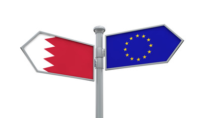 Bahrain and European Union guidepost. Moving in different directions. 3D Rendering