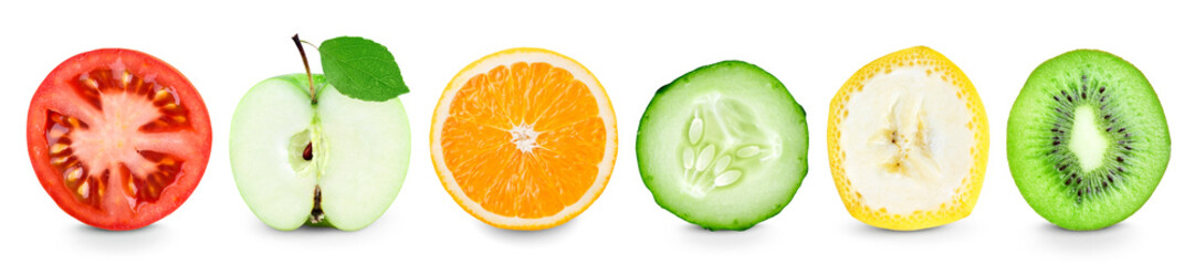 Collection of color fruit and vegetable slices on white