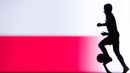 Fototapeta na wymiar Poland National Flag. Football, Soccer player Silhouette