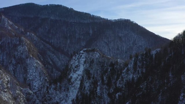 Poenari Fortress in Romania Also called Dracula's Fortress. filmed from the air..