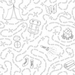 Hand drawn vector camping seamless pattern with backpack, bonfire, shoes, map, tent, sleeping bag, flashlight, compass and path to location outline. Travel theme background.