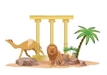 Concept illustration of desert life, lion, camel and antique arch