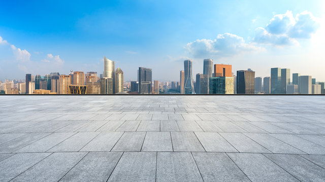 Empty square floor and city skyline in hangzhou,high angle view © ABCDstock